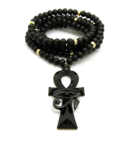 Fashion 21 Egyptian Eye of Horus Ankh Pendant Necklace, 30 inches, 6mm Black Wooden Beads, CCB Beads (Black/Black+Gold Wooden Bead) - Image 3