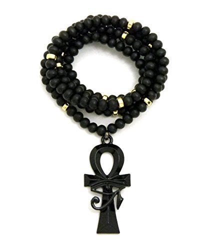 Fashion 21 Egyptian Eye of Horus Ankh Pendant Necklace, 30 inches, 6mm Black Wooden Beads, CCB Beads (Black/Black+Gold Wooden Bead) - Image 1