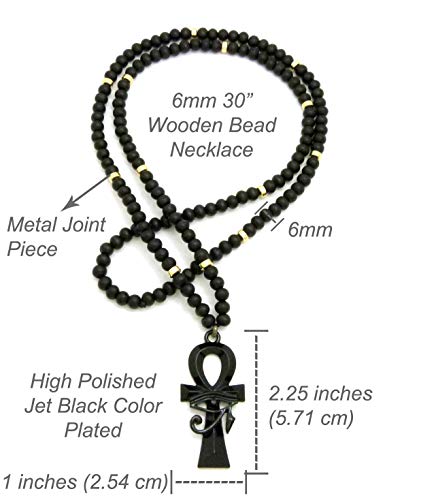 Fashion 21 Egyptian Eye of Horus Ankh Pendant Necklace, 30 inches, 6mm Black Wooden Beads, CCB Beads (Black/Black+Gold Wooden Bead) - Image 2