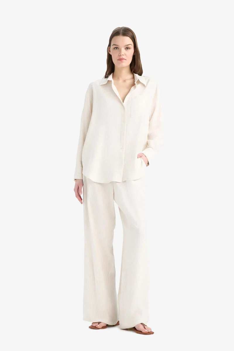ديفاكتو Wide Leg Double Pocket Striped Linen Blended Trousers