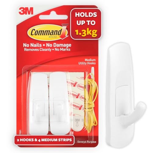 Command 3M Command Medium Wall Hooks, Holds 1.3kg, No paint damage, Heavy Duty, Holds Strongly, Reusable, Adhesive hooks for wall, Multi-surface (White, 2hooks, 4 strips) - Image 1