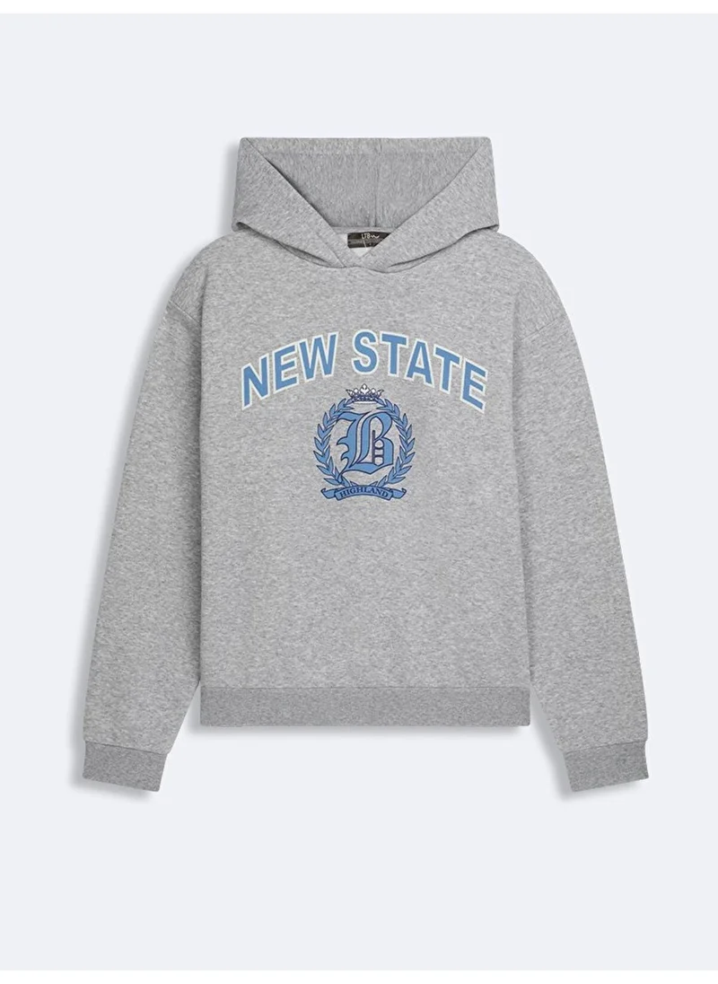 LTB Printed Hooded Zipperless Regular Fit Gray SweatShirt