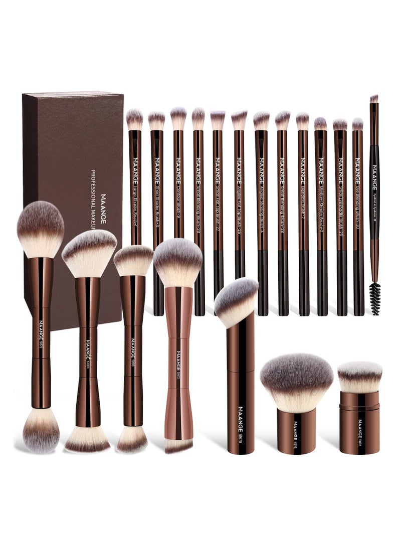 مانجي مجموعة فرش مكياج من مانج، 20 قطعة، مع صندوق هدايا، فرش مكياج متعددة الاستخدامات بطرفين لمزج البودرة السائلة وخافي العيوب والكريم وأحمر الخدود، لون بني فاتح - Image 1