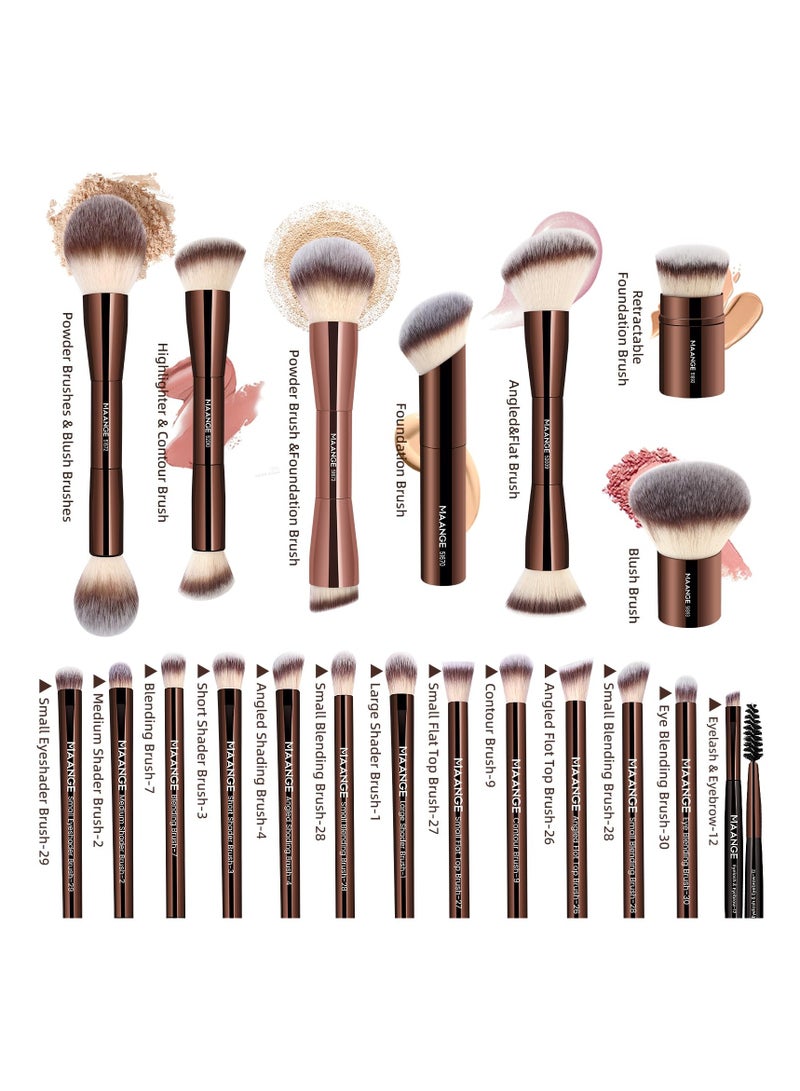 مانجي مجموعة فرش مكياج من مانج، 20 قطعة، مع صندوق هدايا، فرش مكياج متعددة الاستخدامات بطرفين لمزج البودرة السائلة وخافي العيوب والكريم وأحمر الخدود، لون بني فاتح - Image 2