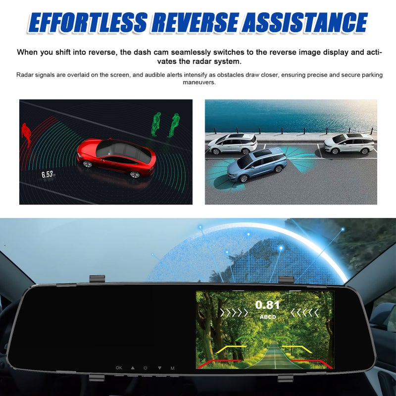 1080P DVR Dash Camera with 4 Parking Sensor Reverse Radars Front & Rear Dual Camera Driving Recorder with 4.3 Inch Screen Support Night-Vision/Motion Detection/Collision Locking/Loop Recording/Reverse Image/Multi-Language - Image 5