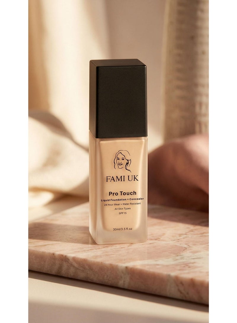 FAMIUK FAMI UK Pro Touch Liquid Foundation + Concealer PT 01 Fair | 24-Hour Wear | Water Resistant | SPF 15 | Full Coverage Soft Matte | 30ml - Image 1