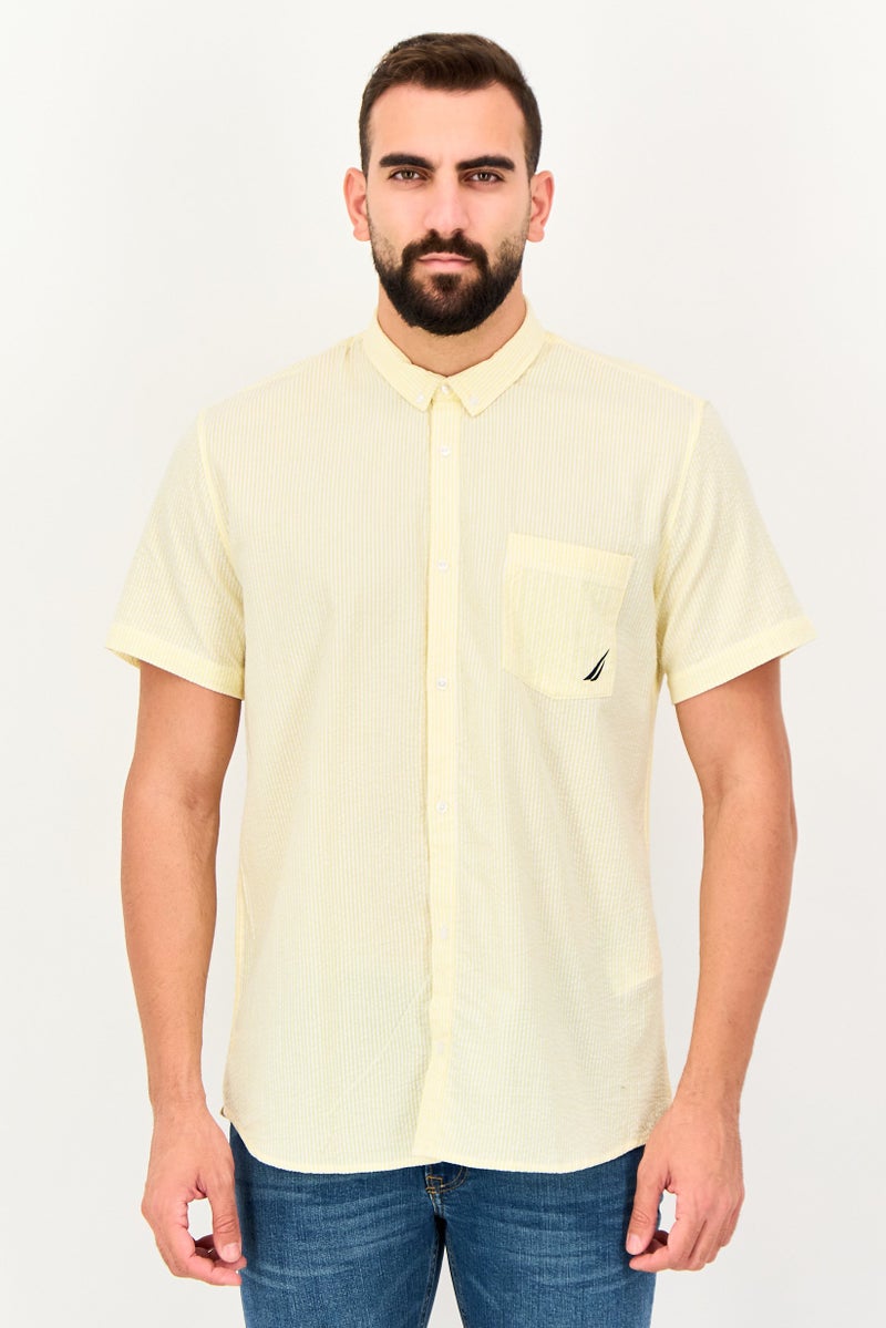 NAUTICA Men Classisc Fit Stripe Short Sleeve Casual Shirt, Yellow - Image 1