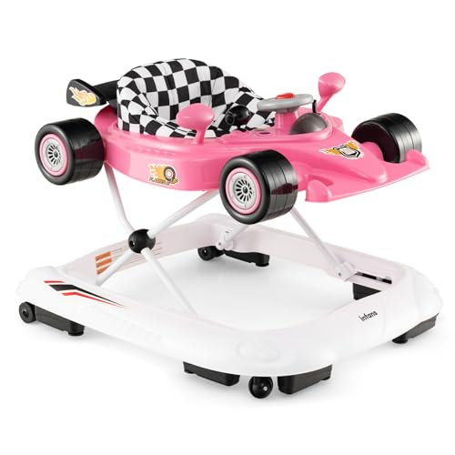 INFANS Foldable Baby Walker, 3 in 1 Toddler Activity Center Leaning-Seated Walk-Behind with Steering Wheel, Adjustable Height, Lights, Music, Washable Seat Cushion (Pink) - Image 1