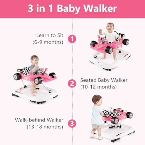 INFANS Foldable Baby Walker, 3 in 1 Toddler Activity Center Leaning-Seated Walk-Behind with Steering Wheel, Adjustable Height, Lights, Music, Washable Seat Cushion (Pink) - Image 2