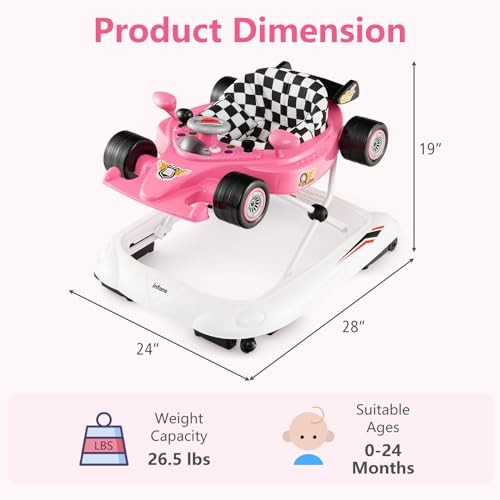 INFANS Foldable Baby Walker, 3 in 1 Toddler Activity Center Leaning-Seated Walk-Behind with Steering Wheel, Adjustable Height, Lights, Music, Washable Seat Cushion (Pink) - Image 5