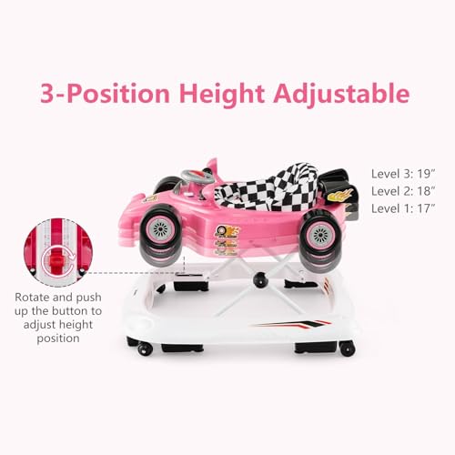 INFANS Foldable Baby Walker, 3 in 1 Toddler Activity Center Leaning-Seated Walk-Behind with Steering Wheel, Adjustable Height, Lights, Music, Washable Seat Cushion (Pink) - Image 4