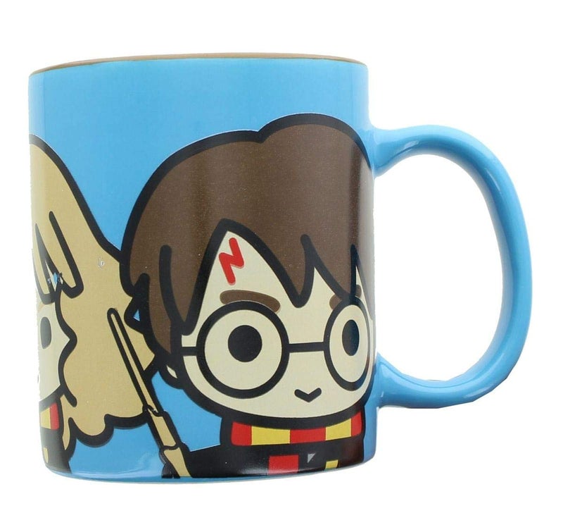 Harry Potter Coffee Mug 11 oz Blue with Harry Hermione and Ron Chibi Design Gift for Kids and Adults Ceramic