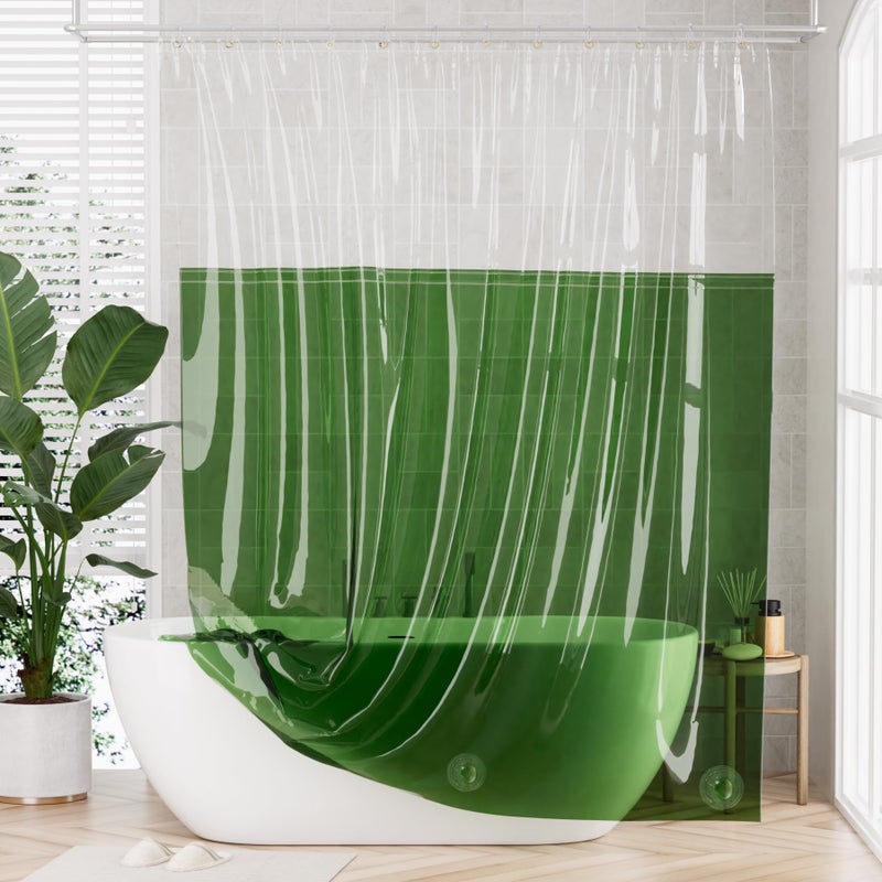 AmazerBath 100% EVA Shower Curtain Liner, 72 x 72 Inches Heavy Duty Shower Curtain and Liner 2-in-1 with 3 Clear Stones and 12 Brass Grommets, Color Block Soft Shower Liner - Clear & Pine Green - Image 1