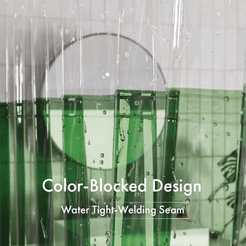 AmazerBath 100% EVA Shower Curtain Liner, 72 x 72 Inches Heavy Duty Shower Curtain and Liner 2-in-1 with 3 Clear Stones and 12 Brass Grommets, Color Block Soft Shower Liner - Clear & Pine Green - Image 2