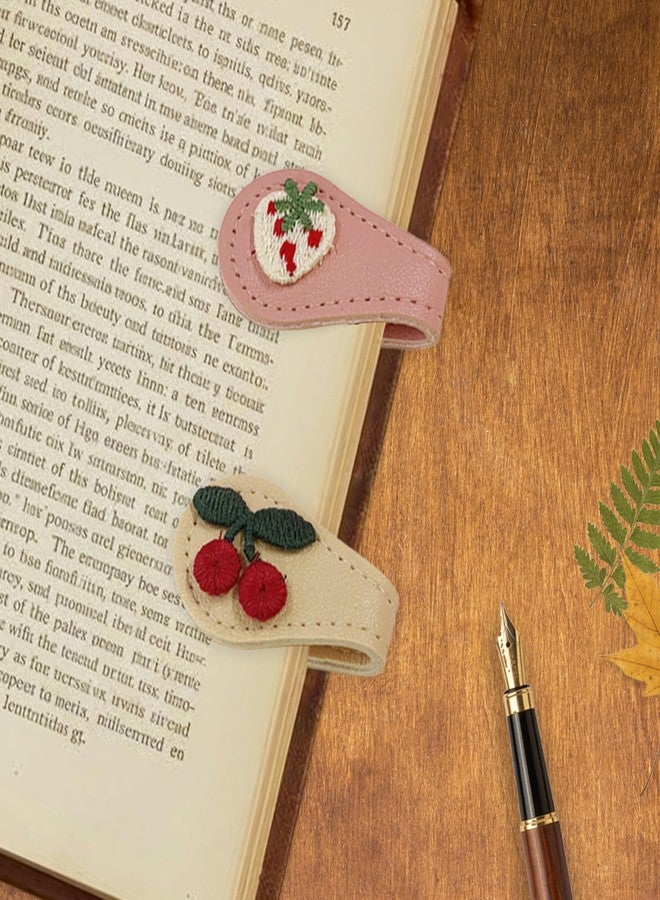 Frayot 2Pcs Magnetic Leather Bookmark Set, Embroidery Magnetic Bookmarks Clips for Book Lovers Reading, Book Accessories(Pink Strawberry, White Cherry) - Image 1