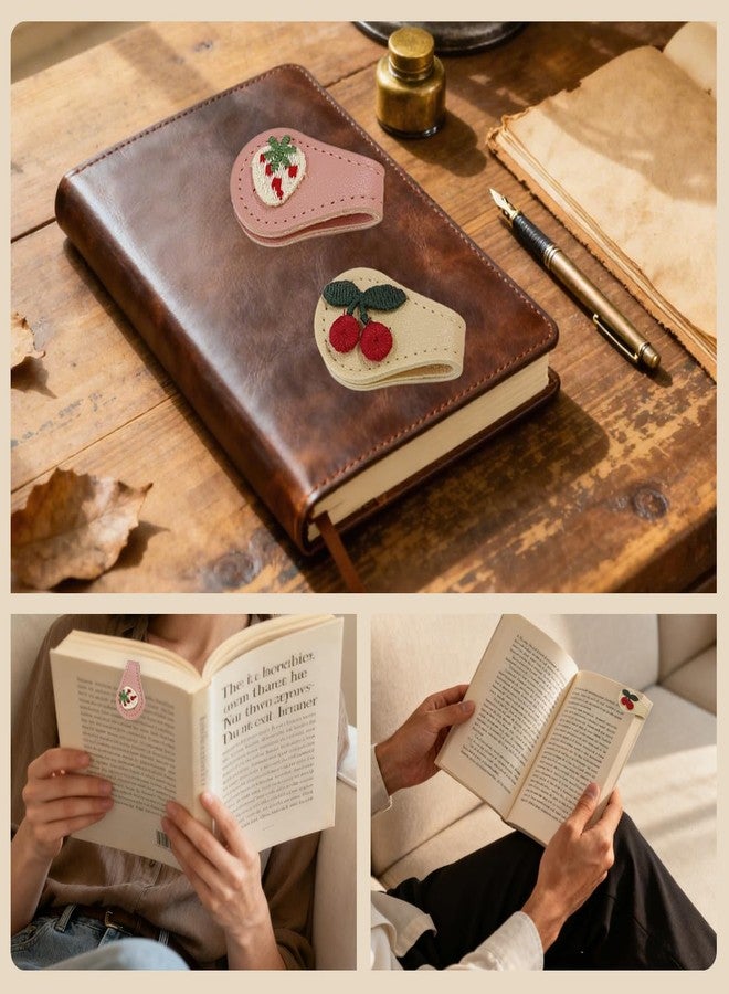 Frayot 2Pcs Magnetic Leather Bookmark Set, Embroidery Magnetic Bookmarks Clips for Book Lovers Reading, Book Accessories(Pink Strawberry, White Cherry) - Image 5