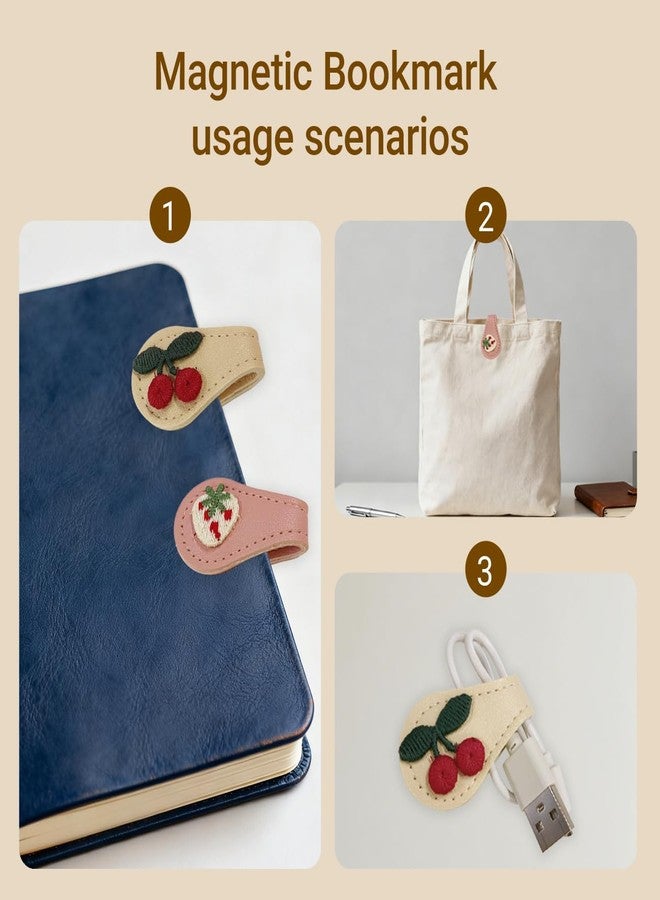 Frayot 2Pcs Magnetic Leather Bookmark Set, Embroidery Magnetic Bookmarks Clips for Book Lovers Reading, Book Accessories(Pink Strawberry, White Cherry) - Image 4