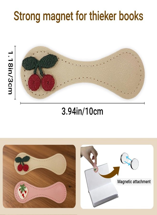 Frayot 2Pcs Magnetic Leather Bookmark Set, Embroidery Magnetic Bookmarks Clips for Book Lovers Reading, Book Accessories(Pink Strawberry, White Cherry) - Image 2