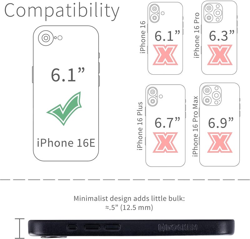 Dockem Genuine Leather Case for iPhone 16E Compatible with MagSafe - Smooth Topgrain Leather (MSGL, Black) - Image 1