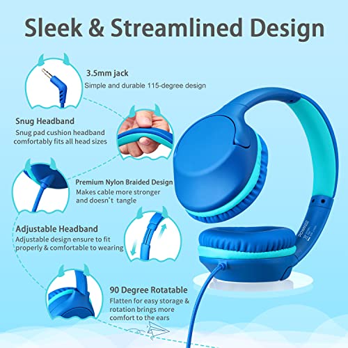 POWMEE P20 Kids Headphones for School, Kids/Teens/Boys/Girls with Safe 94dB Volume Limited, 3.5mm Jack Wired Cord Over-Ear for Fire Tablets/Travel/PC/Phones(Blue) - Image 2
