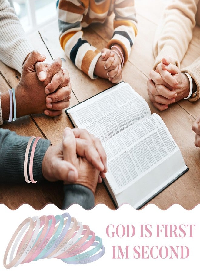 جيريفي مجموعة جيريفي المكونة من 12 قطعة من أساور عيد الميلاد "الله أولاً"، أساور مطاطية مسيحية تحمل آيات من الكتاب المقدس، مناسبة للنساء والرجال والبالغين، هدايا (لون الماكرون). - Image 4