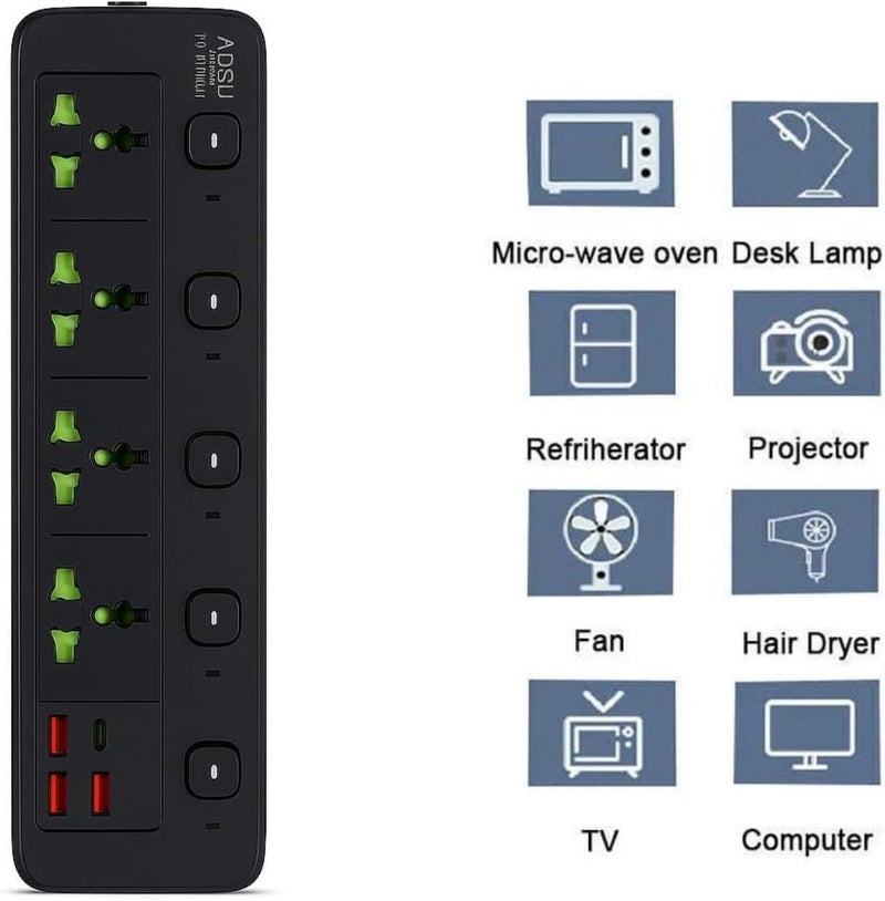 NOJTI لوحة تمديد، مشترك كهربائي مع 6 منافذ USB و3 مقابس عالمية، سلك تمديد بقدرة 2500 واط 10 أمبير، مشترك كهربائي مزود بحماية من زيادة التيار ثلاثي الأطراف للمنزل، المكتب، الكمبيوتر، شحن الجوال (أسود-A85) - Image 3