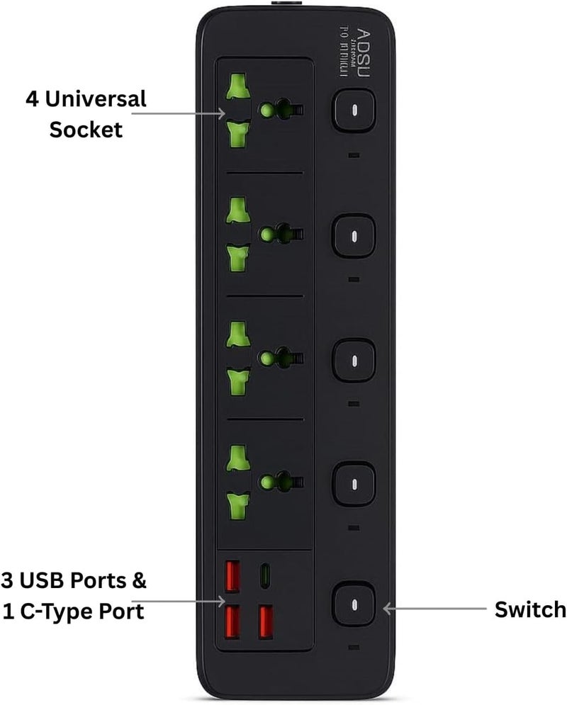 NOJTI لوحة تمديد، مشترك كهربائي مع 6 منافذ USB و3 مقابس عالمية، سلك تمديد بقدرة 2500 واط 10 أمبير، مشترك كهربائي مزود بحماية من زيادة التيار ثلاثي الأطراف للمنزل، المكتب، الكمبيوتر، شحن الجوال (أسود-A85) - Image 2