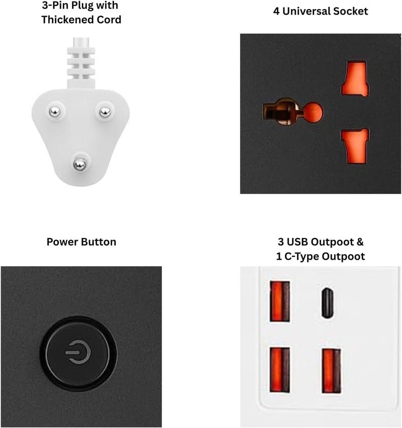 NOJTI لوحة تمديد، مشترك كهربائي مع 6 منافذ USB و3 مقابس عالمية، سلك تمديد بقدرة 2500 واط 10 أمبير، مشترك كهربائي مزود بحماية من زيادة التيار ثلاثي الأطراف للمنزل، المكتب، الكمبيوتر، شحن الجوال (أسود-A85) - Image 4
