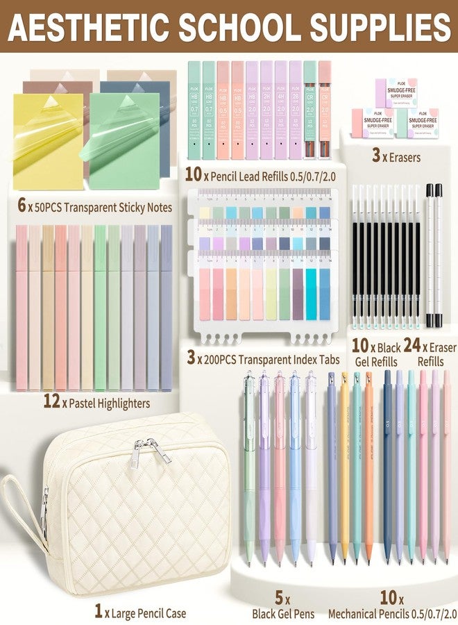 FLOE 62PCS Aesthetic School Supplies with Cute Pencil Case, Pastel Highlighters Black Ink Gel Pens Mechanical Pencils Kit, Back to School Supplies College Essentials Preppy Stationary Set for Student Girls - Image 2