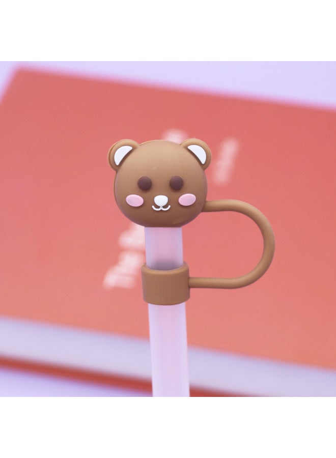 Silicone Straw Cap 8-10mm Cute Flower Doll Dust Cap Can Be Recycled Straw Plug-Color:Silicone Brown Shy Bear 10mm-Specifications:Bagged With Straw ] - Image 1