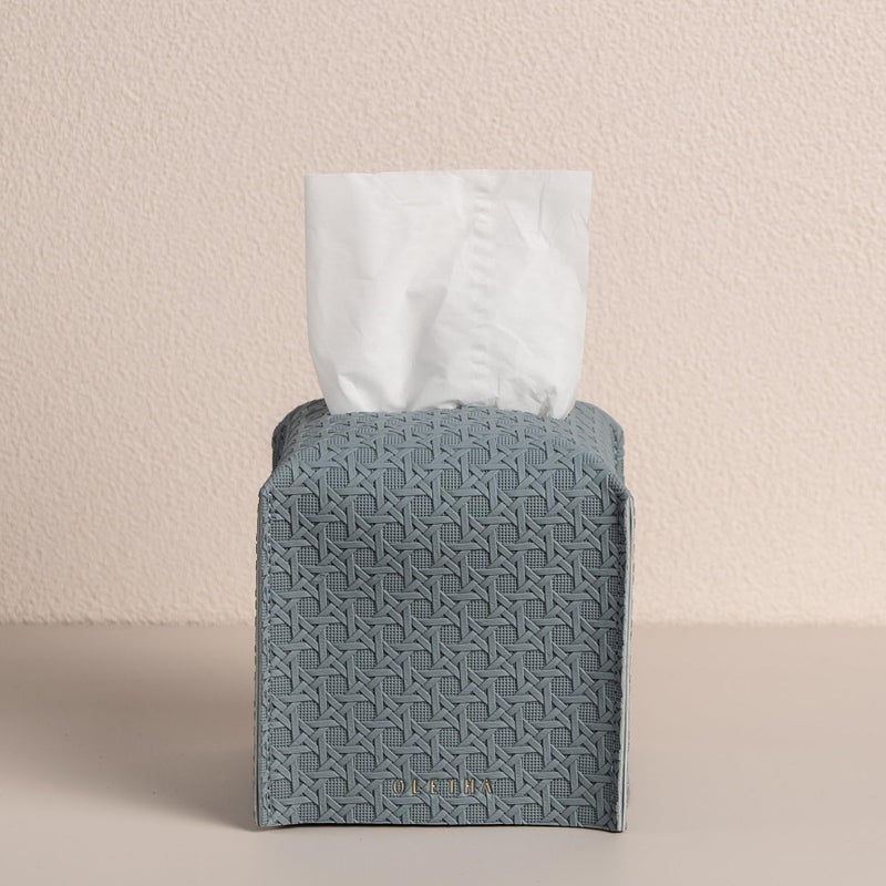 OLETHA Square Tissue Box Cover - Aesthetic Desk Decor for Room  Home & Office - Tissues Cube Boxes Holder - Lattice Patterns  Ash Blue - Image 5
