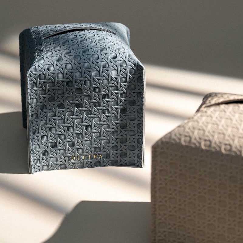 OLETHA Square Tissue Box Cover - Aesthetic Desk Decor for Room  Home & Office - Tissues Cube Boxes Holder - Lattice Patterns  Ash Blue - Image 2