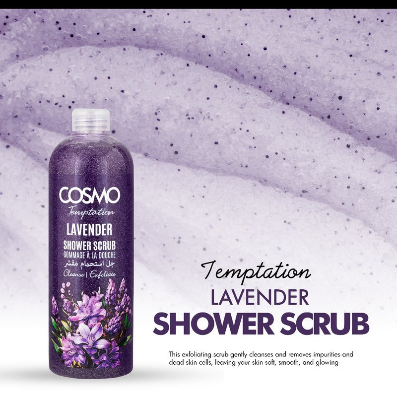 COSMO كوزمو إغراء مقشر اللافندر للاستحمام 1000 مل، غسول مرطب للجسم، تنظيف وتقشير، لجميع أنواع البشرة، مقشرات للوجه والجسم، جل استحمام للرجال والنساء - Image 2