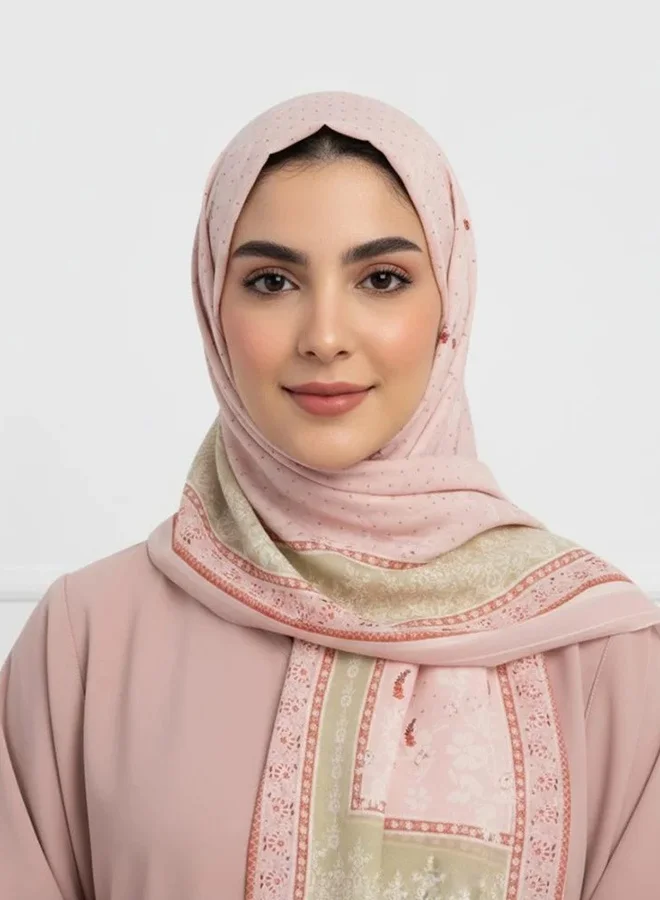 عبايات لمحة طرحة روز كلاسيك – شيفون بنقشة تراثية وردية