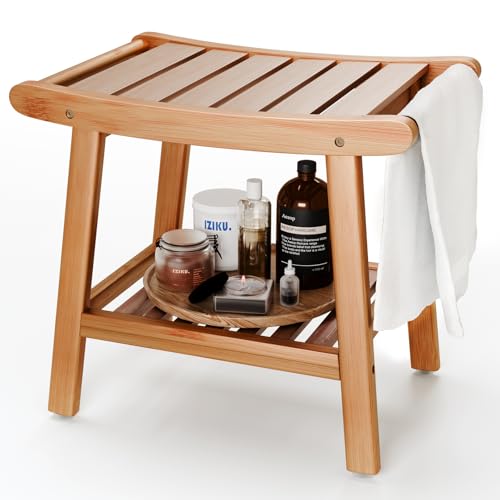 LEJANEOYE Bamboo Shower Bench for Inside Shower to Sit on,Waterproof Shower Stool for Shaving Legs,Spa Bathroom Shower Chair with Storage Shelf, Bathroom Bench Seat for Senior Adult Disabled Elderly - Image 1