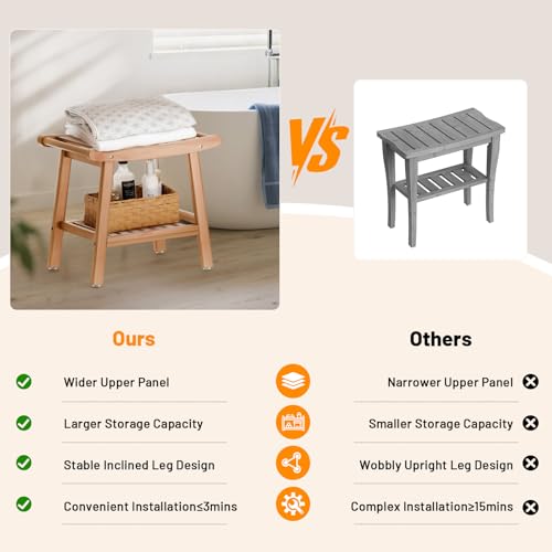 LEJANEOYE Bamboo Shower Bench for Inside Shower to Sit on,Waterproof Shower Stool for Shaving Legs,Spa Bathroom Shower Chair with Storage Shelf, Bathroom Bench Seat for Senior Adult Disabled Elderly - Image 5
