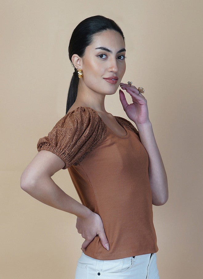 RAASSIO تي شيرت قطن بأكمام منتفخة بنية للنساء - Image 3