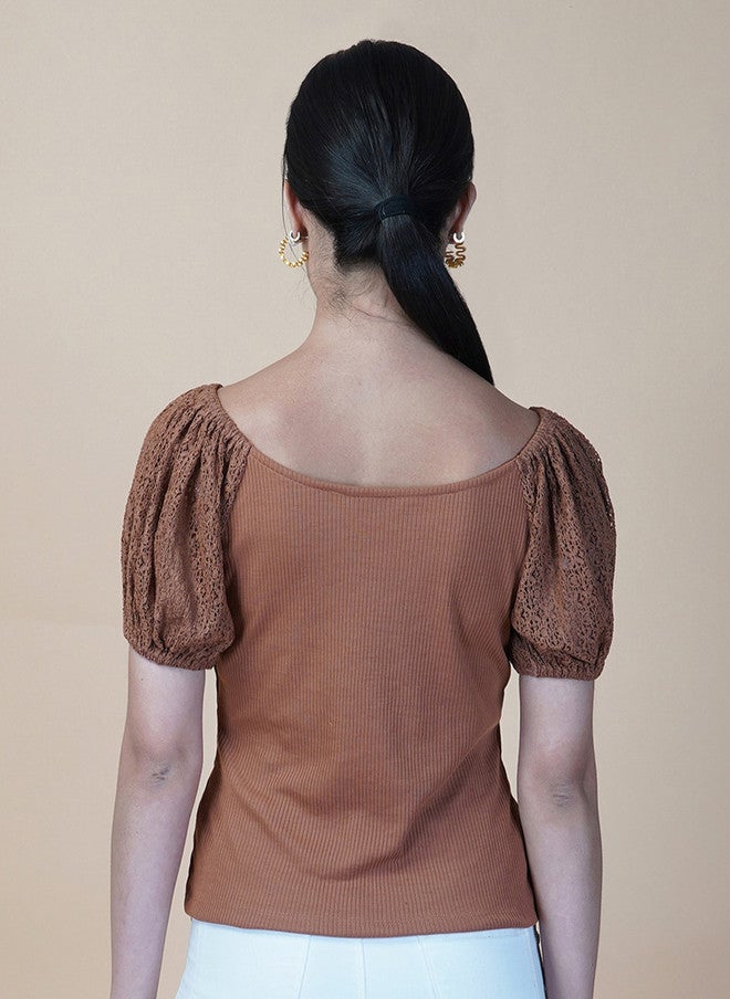 RAASSIO تي شيرت قطن بأكمام منتفخة بنية للنساء - Image 5