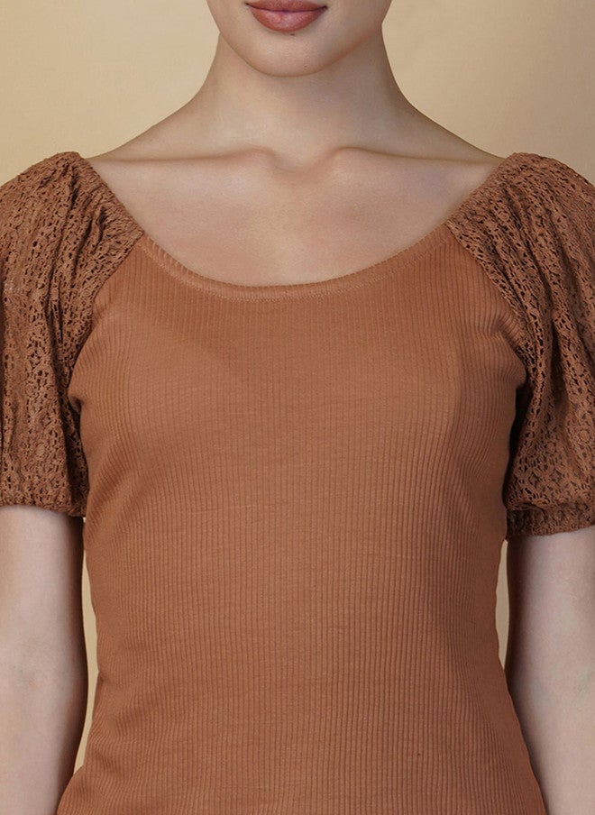 RAASSIO تي شيرت قطن بأكمام منتفخة بنية للنساء - Image 2