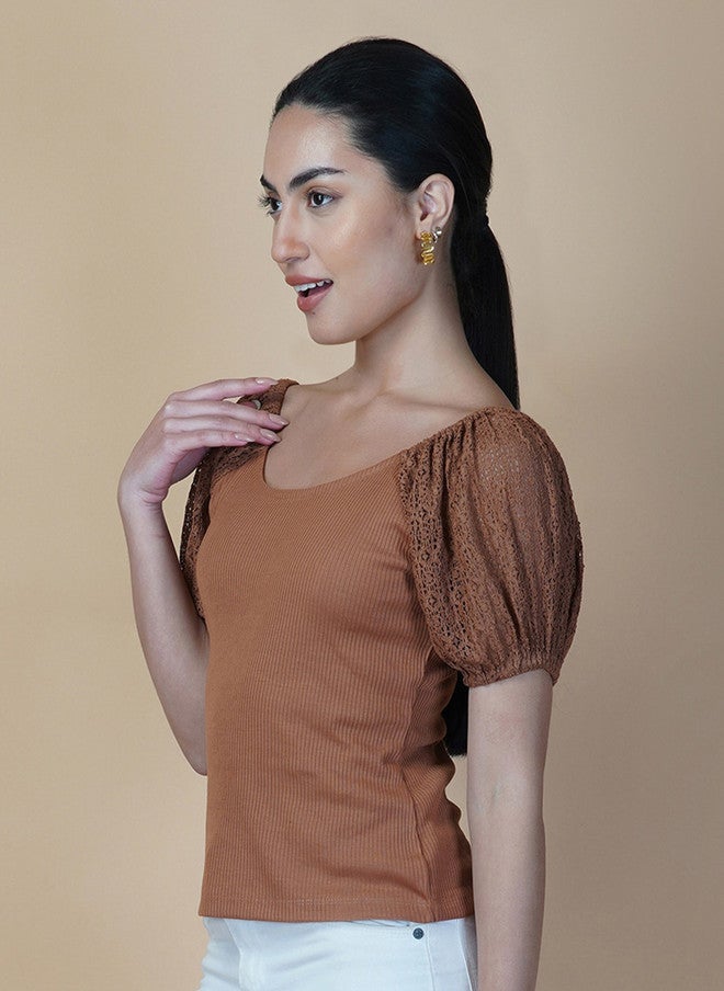 RAASSIO تي شيرت قطن بأكمام منتفخة بنية للنساء - Image 4