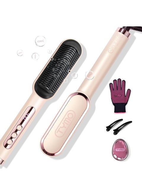 TYMO Ring Plus Ionic Hair Straightener Brush  Straightening Comb with Negative Ions for Women Titanium Coating 9 Temp Settings  LED Display Dual Voltage Professional Styling Tools Gold Blush