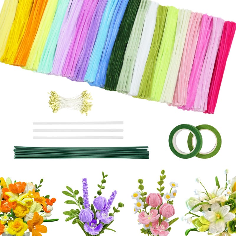 beanicus 500 PCS Pipe Cleaners Craft, Pipe Cleaners Flowers Kit with Handle, 20 Colors Chenille Stems with Instruction, Art and Craft Supplies, Colored Pipecleaners Bulk - Image 1