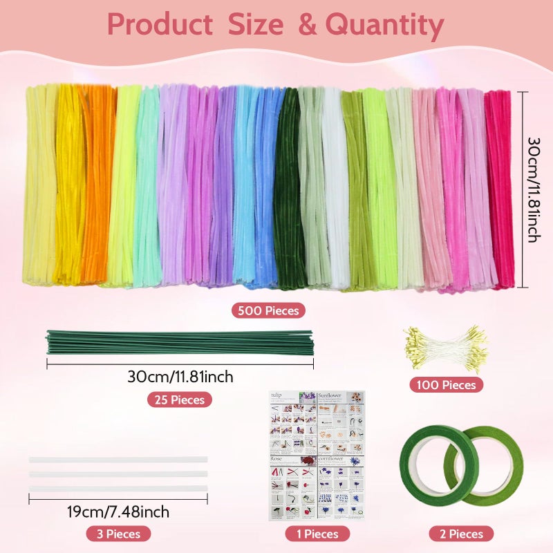 beanicus 500 PCS Pipe Cleaners Craft, Pipe Cleaners Flowers Kit with Handle, 20 Colors Chenille Stems with Instruction, Art and Craft Supplies, Colored Pipecleaners Bulk - Image 2
