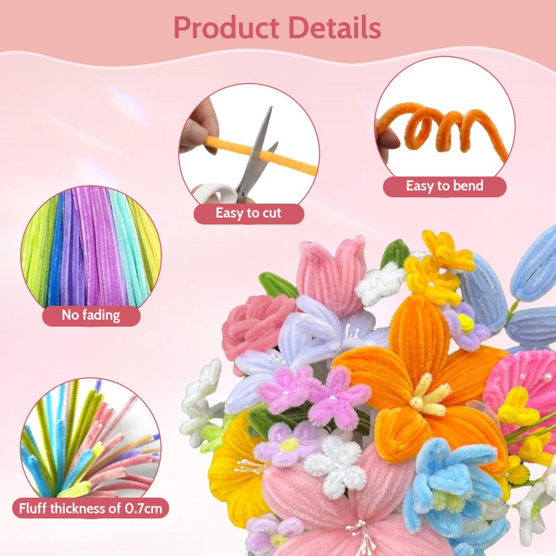 beanicus 500 PCS Pipe Cleaners Craft, Pipe Cleaners Flowers Kit with Handle, 20 Colors Chenille Stems with Instruction, Art and Craft Supplies, Colored Pipecleaners Bulk - Image 5