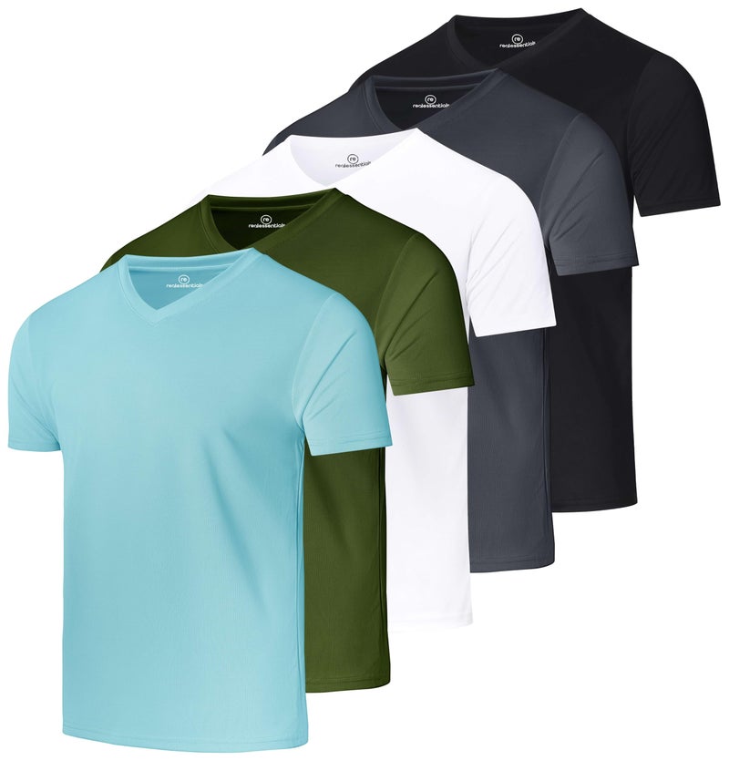 REALESSENTIALS Real Essentials 5 Pack: Men's Mesh Short Sleeve V-Neck T-Shirt | Athletic Dry Fit V Neck Workout Shirt- Set 8, L - Image 1