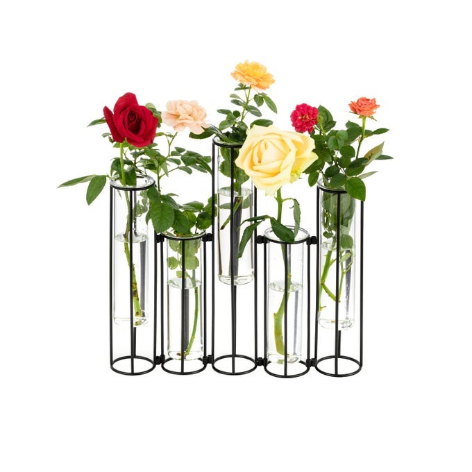 GLASS TEST TUBES VASE WITH STAND FOR FLOWERS BLACK HINGED BUD VASE WITH METAL STAND RACKS HYDROPONIC SET OF 5 ADJUSTABLE PIPE PLANT VASES DISPLAY SET FOR TABLE CENTERPIECES WEDDING DECORATION