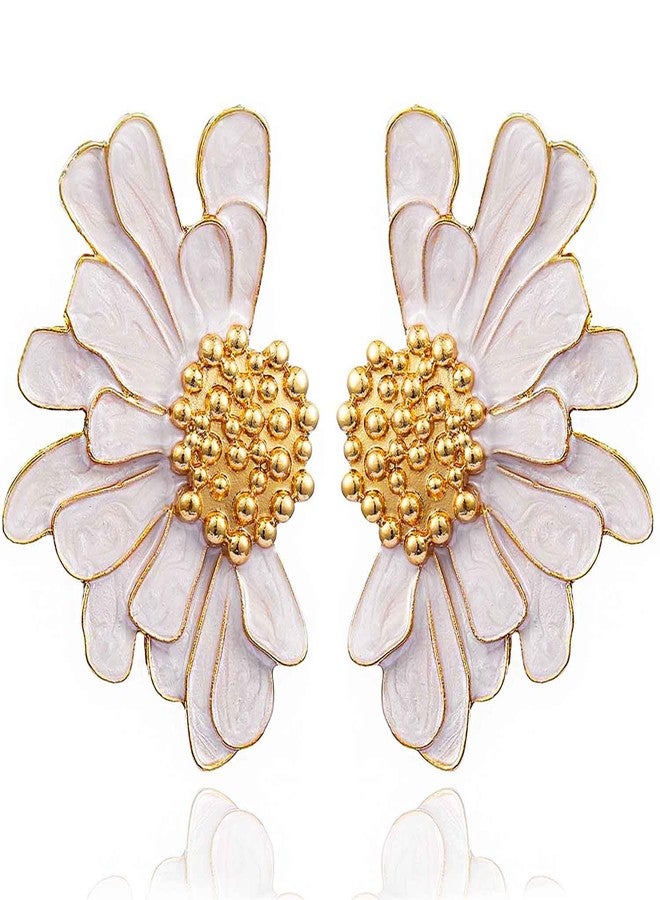 Aksod Vintage Flower Earrings Studs White Large Floral Earrings Bohemian Enamel Daisy Stud Summer Hawaii Wedding Party Earrings Jewelry for Women (White) - Image 1