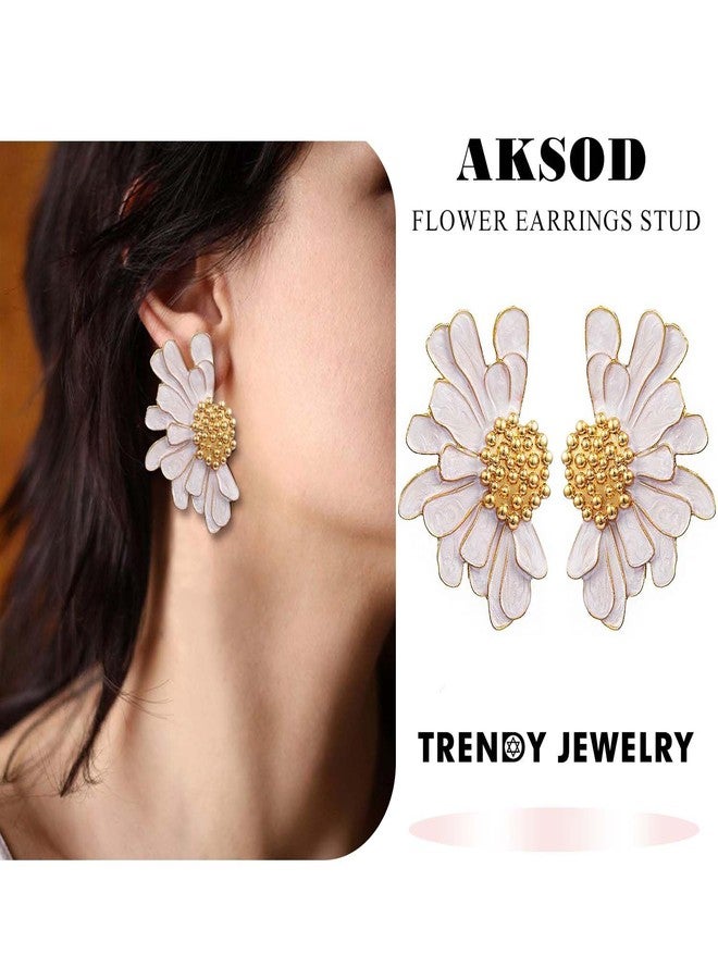 Aksod Vintage Flower Earrings Studs White Large Floral Earrings Bohemian Enamel Daisy Stud Summer Hawaii Wedding Party Earrings Jewelry for Women (White) - Image 2