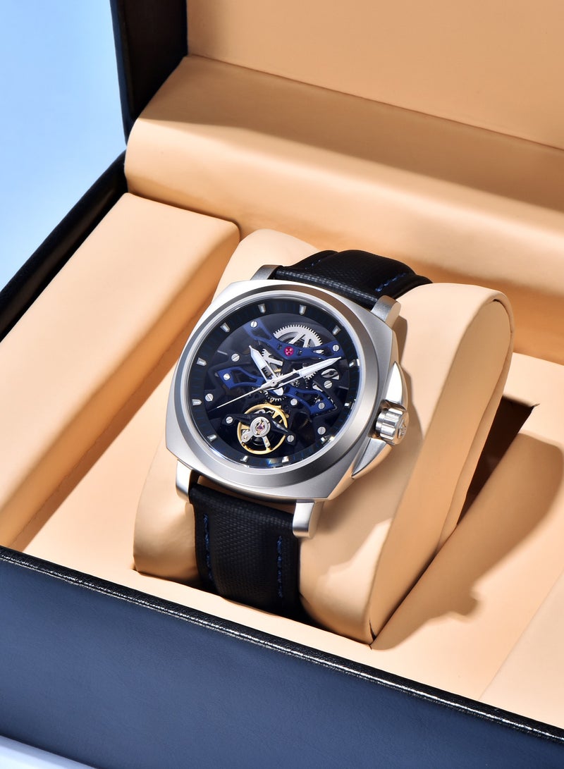 PAGANI DESIGN Men's Automatic Mechanical Watches, PU Leather Strap, Synthetic Sapphire Glass Watch Window, 40MM Stainless Steel Dial, Silver-Black Hollow Dial, PD YS017  - Image 3