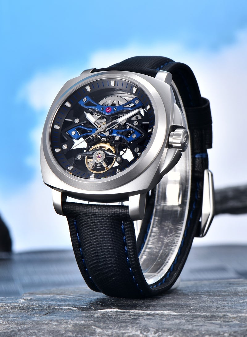 PAGANI DESIGN Men's Automatic Mechanical Watches, PU Leather Strap, Synthetic Sapphire Glass Watch Window, 40MM Stainless Steel Dial, Silver-Black Hollow Dial, PD YS017  - Image 5